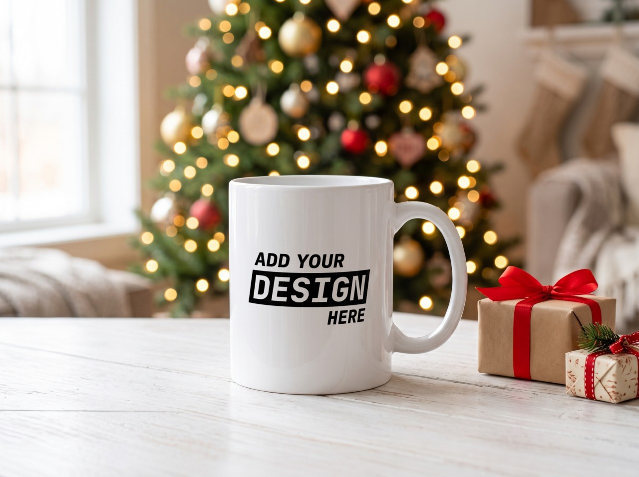 White Christmas Mug Mockup on a Coffee Table with a Tree and Gifts