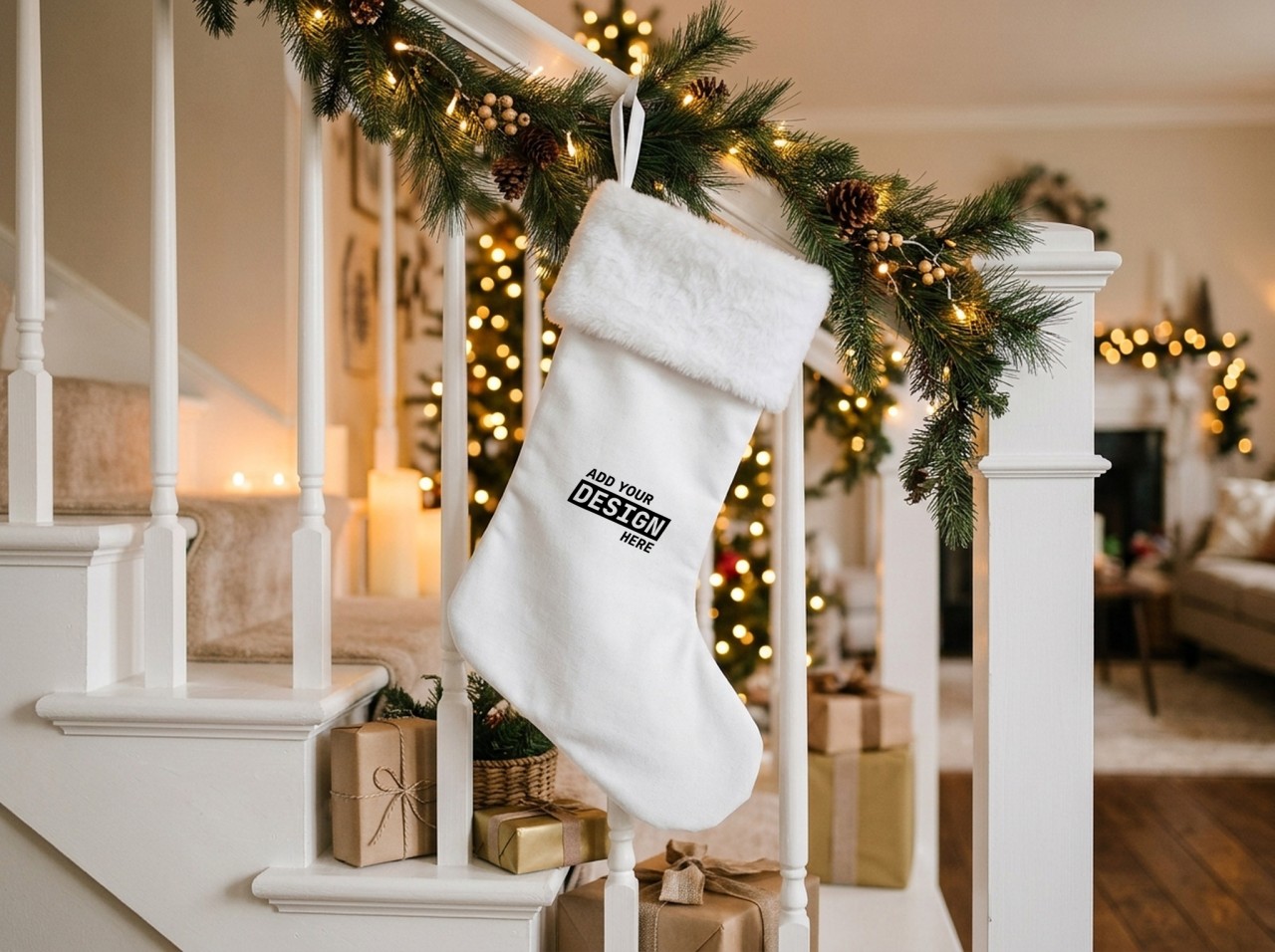White Christmas Stocking Mockup with a Faux Fur Cuff on a Staircase Garland