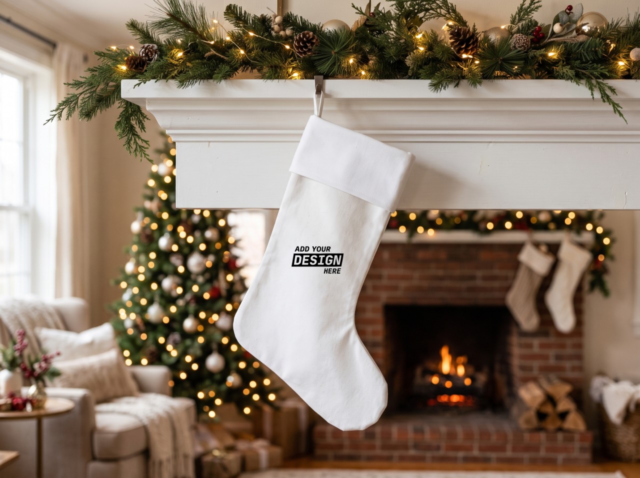 White Christmas Stocking Mockup Hanging on a Fireplace Mantel
