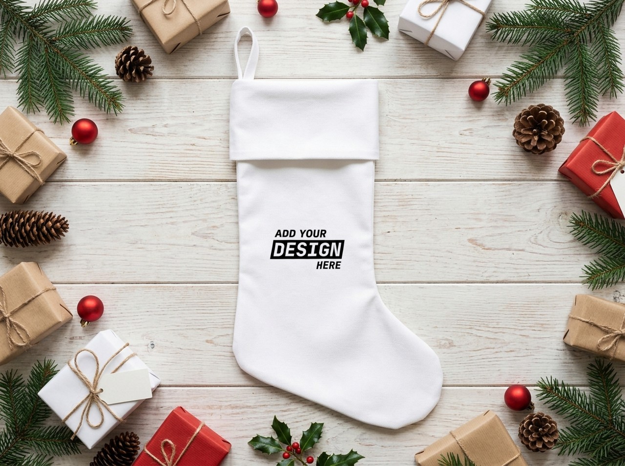 White Christmas Stocking Mockup Flat Lay on Whitewashed Wood with Gifts
