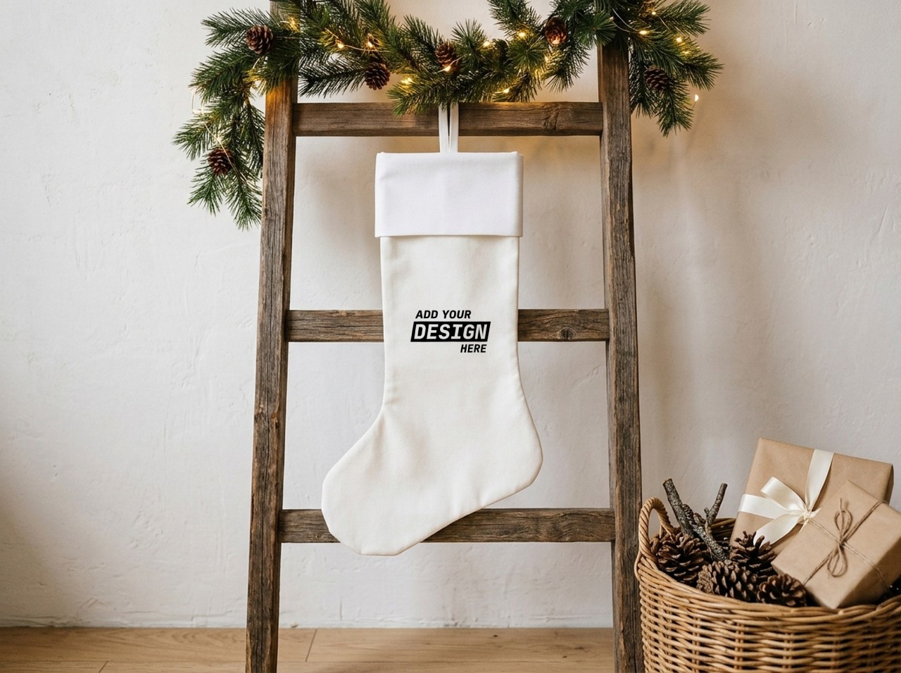 White Christmas Stocking Mockup on a Rustic Blanket Ladder with Garland
