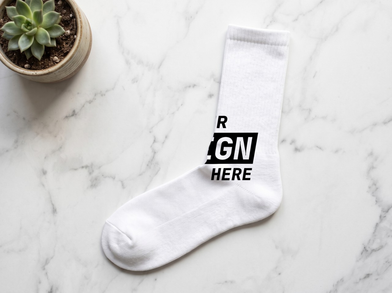 White Crew Sock Mockup Flat Lay on Marble