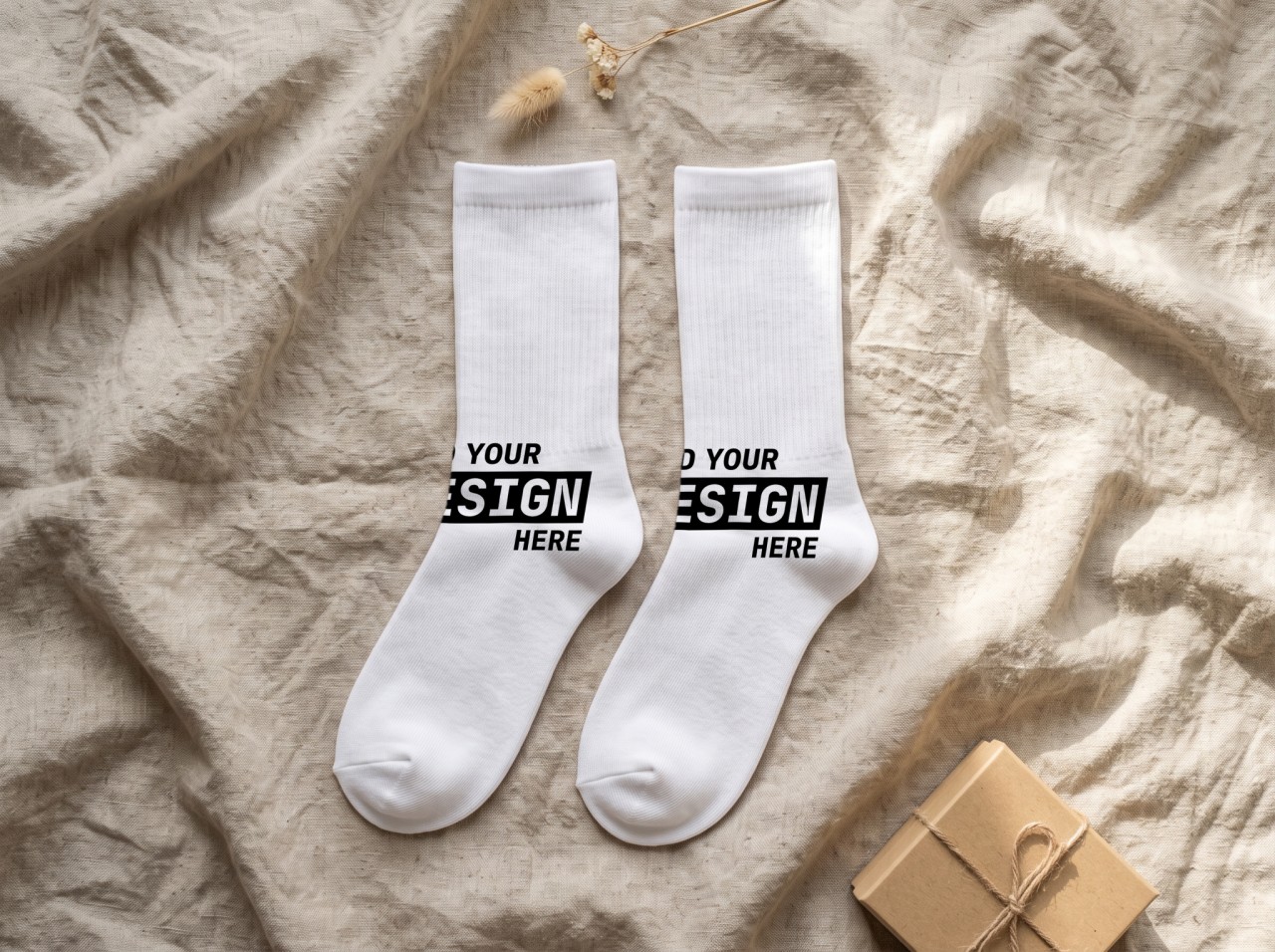 White Crew Socks Pair Mockup Flat Lay on Linen