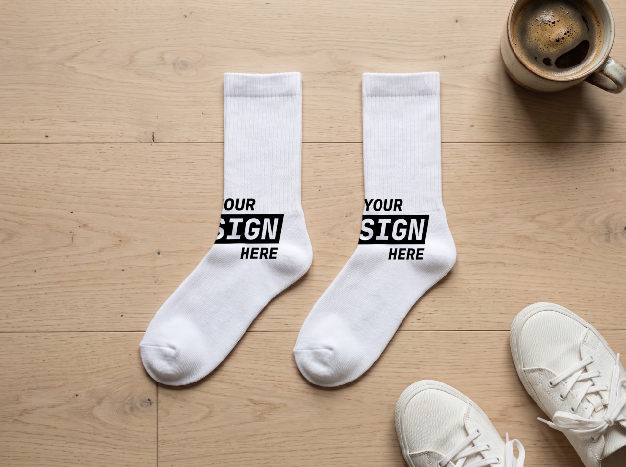White Crew Socks Pair Mockup Flat Lay on a Wood Floor