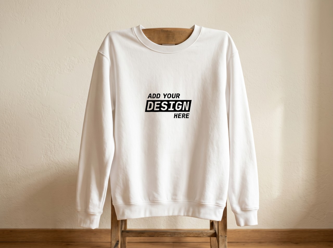 White Sweatshirt Mockup Hanging on a Wooden Chair