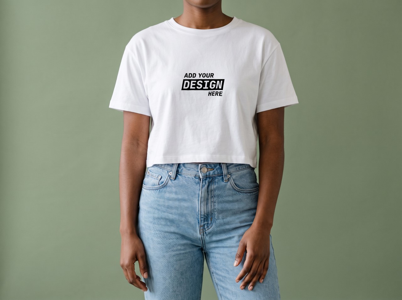 White Crop Top Mockup on a Woman against a Sage Green Backdrop
