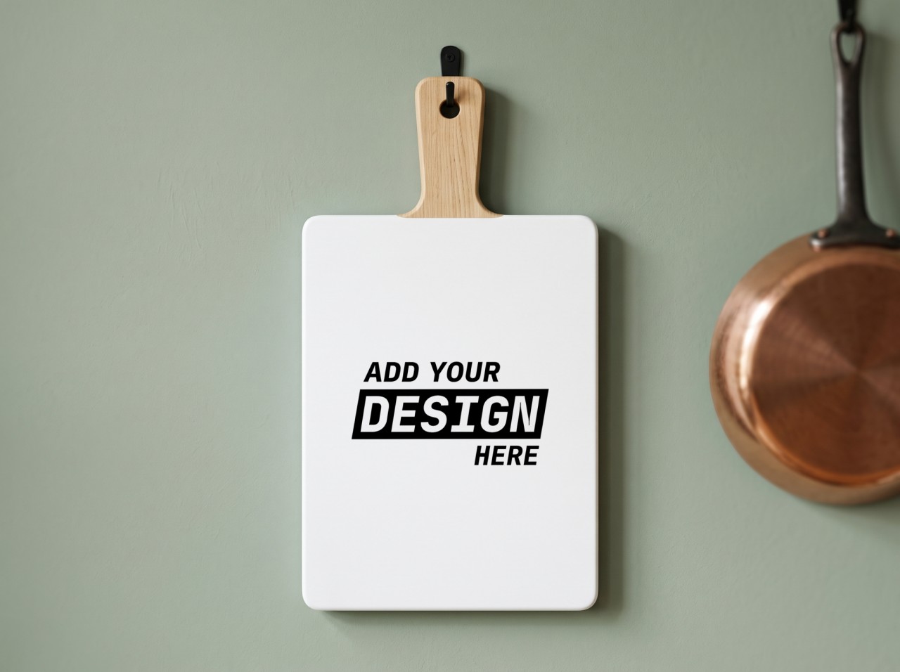 White Cutting Board with Handle Mockup on a Sage Green Wall