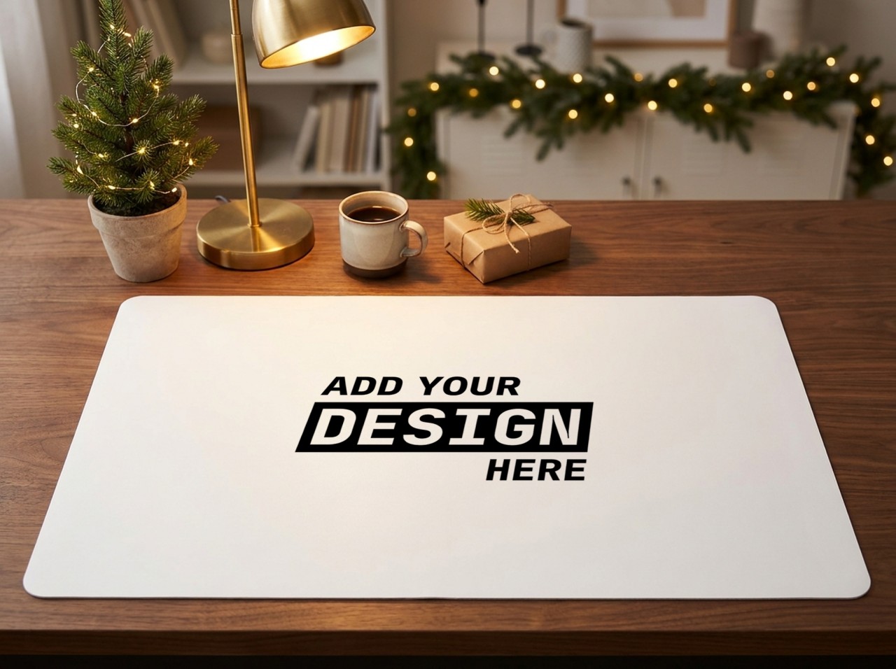 White Desk Mat Christmas Mockup on a Walnut Desk with a Brass Lamp