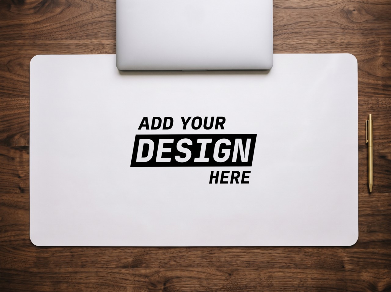 White Desk Mat Mockup on a Walnut Desk with a Laptop