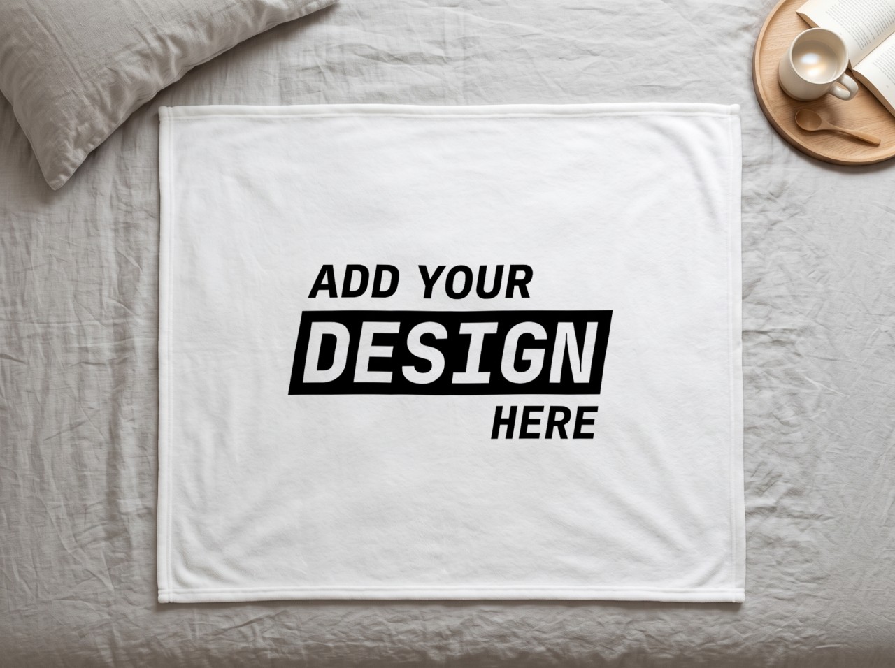 White Fleece Throw Blanket Mockup on a Linen Bed