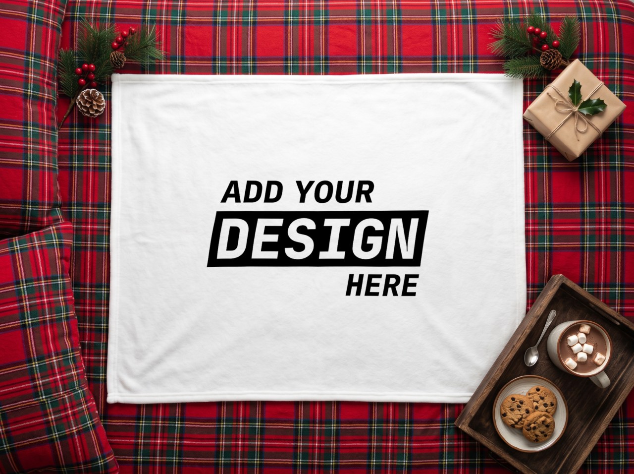 White Fleece Blanket Christmas Mockup on a Red Tartan Bed