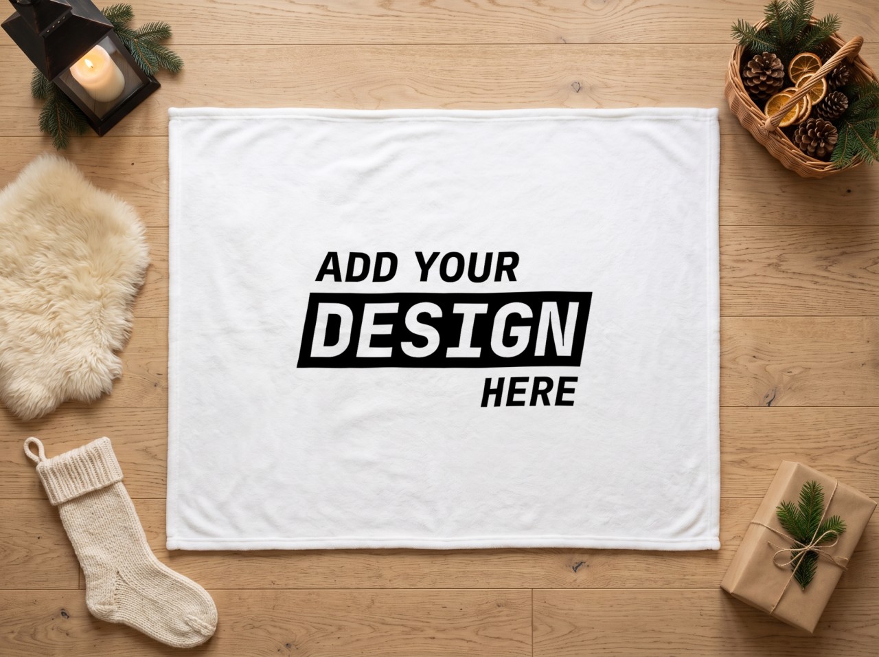 White Fleece Blanket Christmas Mockup on a Wood Floor with a Knit Stocking