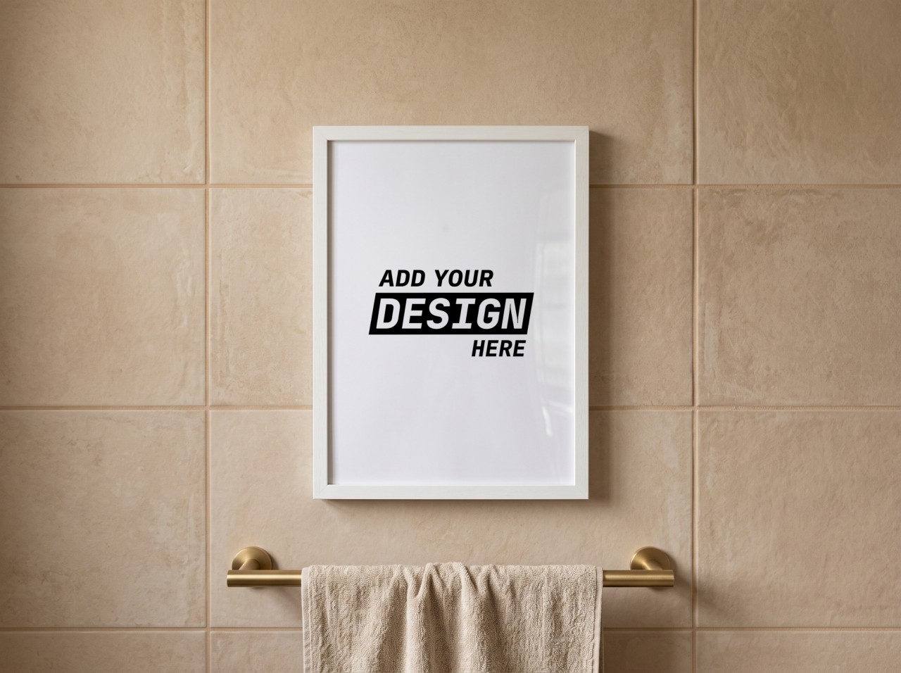 White Frame Mockup on a Beige Tiled Bathroom Wall