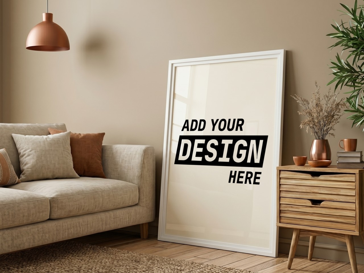 White Frame on Beige Wall with Sofa