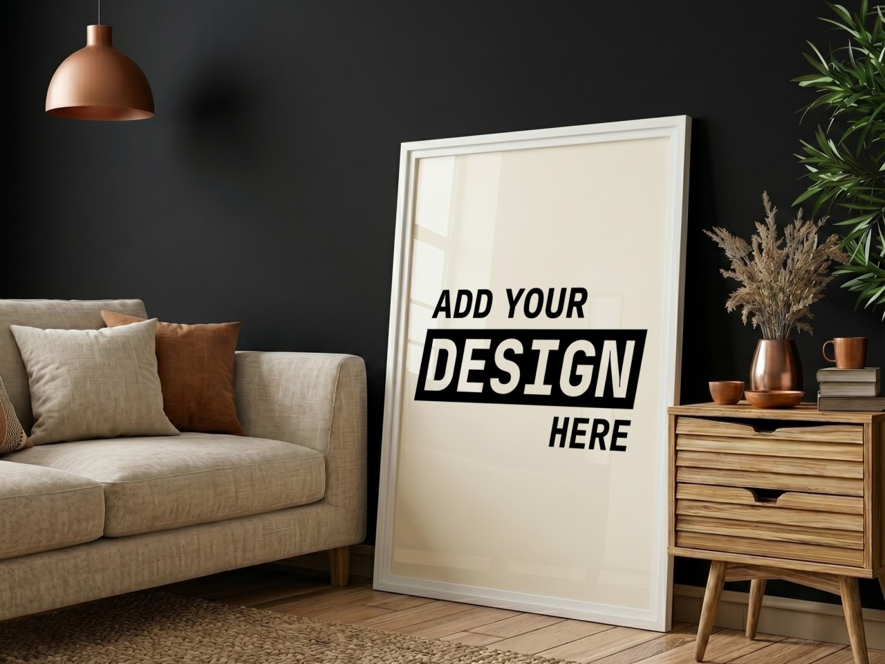 White Frame on Black Wall with Sofa