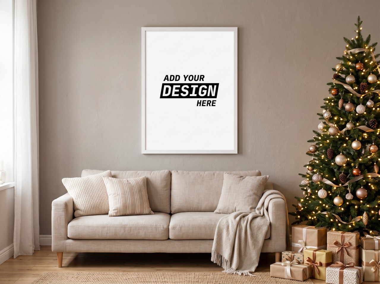 White Frame Christmas Poster Mockup Above a Sofa by the Christmas Tree