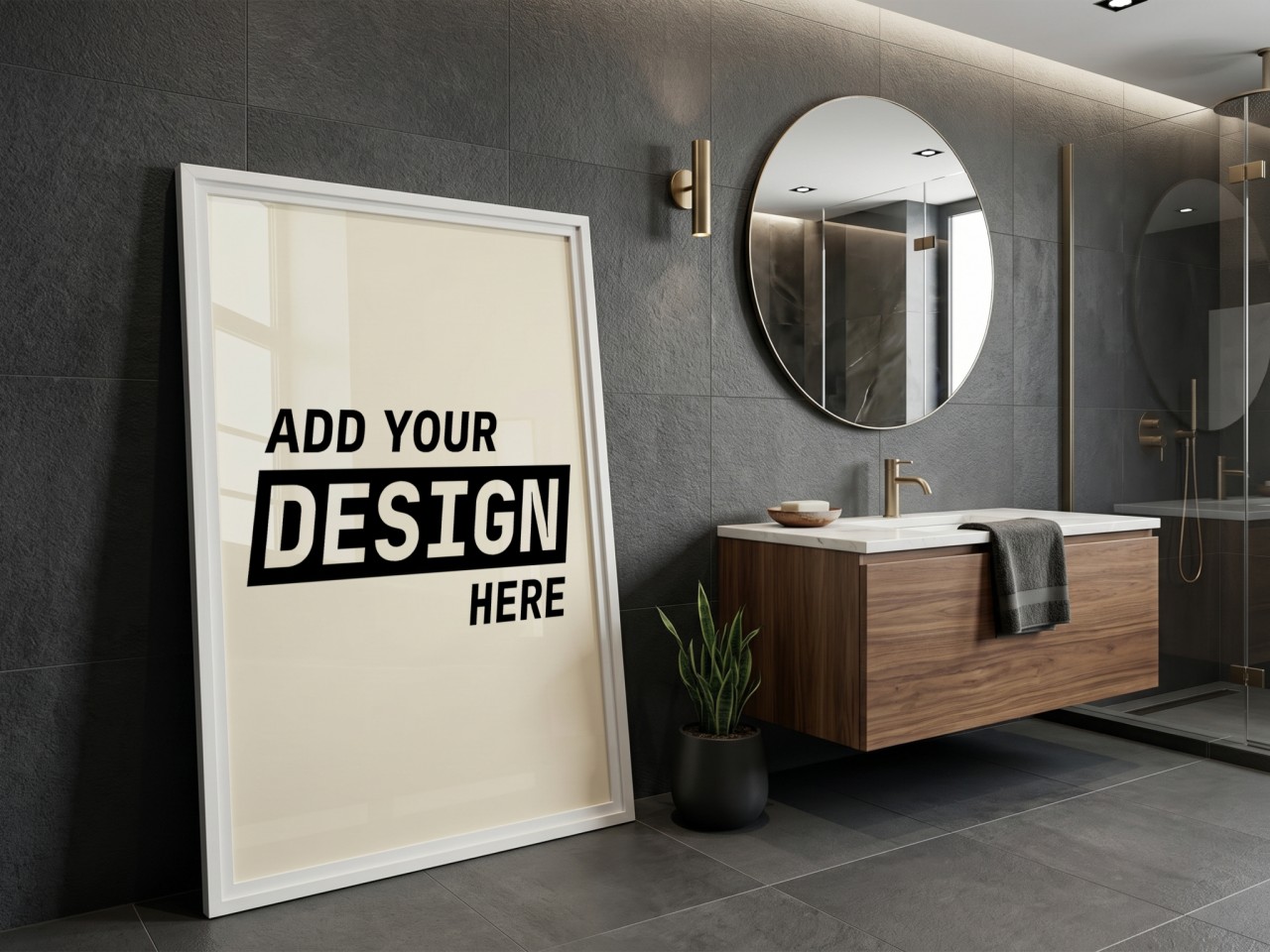 White Frame in Dark Tiled Bathroom