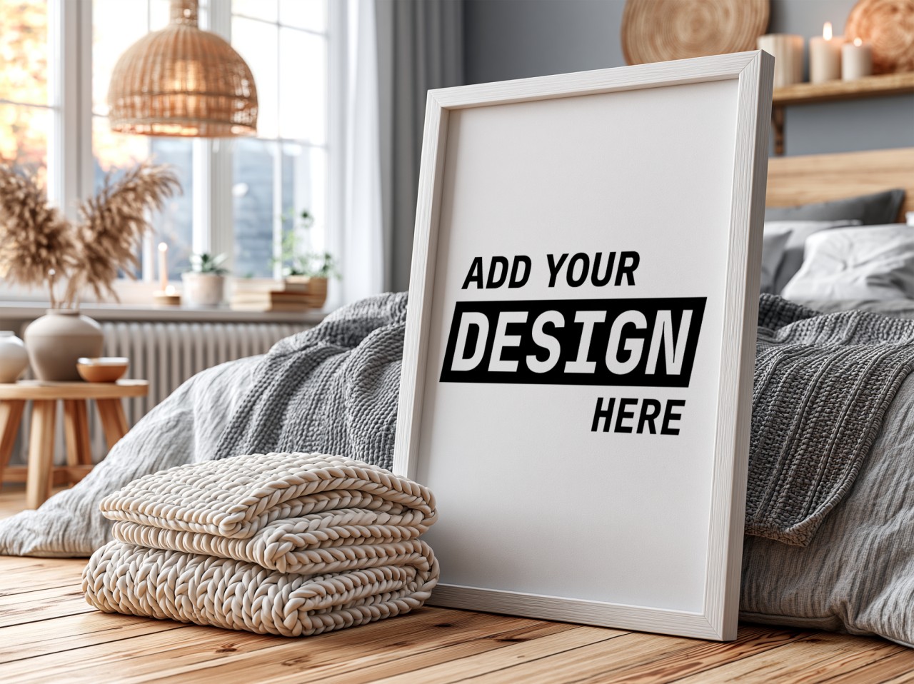 White Frame in Grey Scandinavian Bedroom