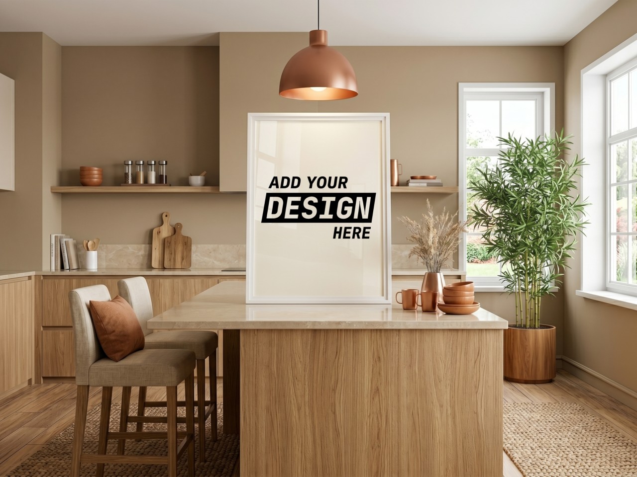 White Frame on Wooden Kitchen Island