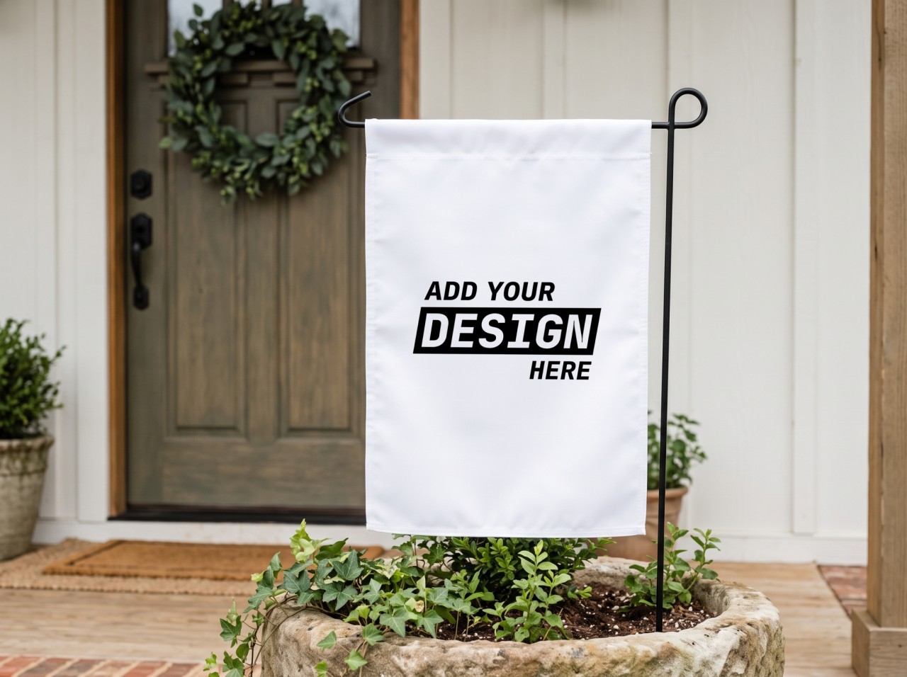 White Garden Flag Mockup by a Farmhouse Front Door