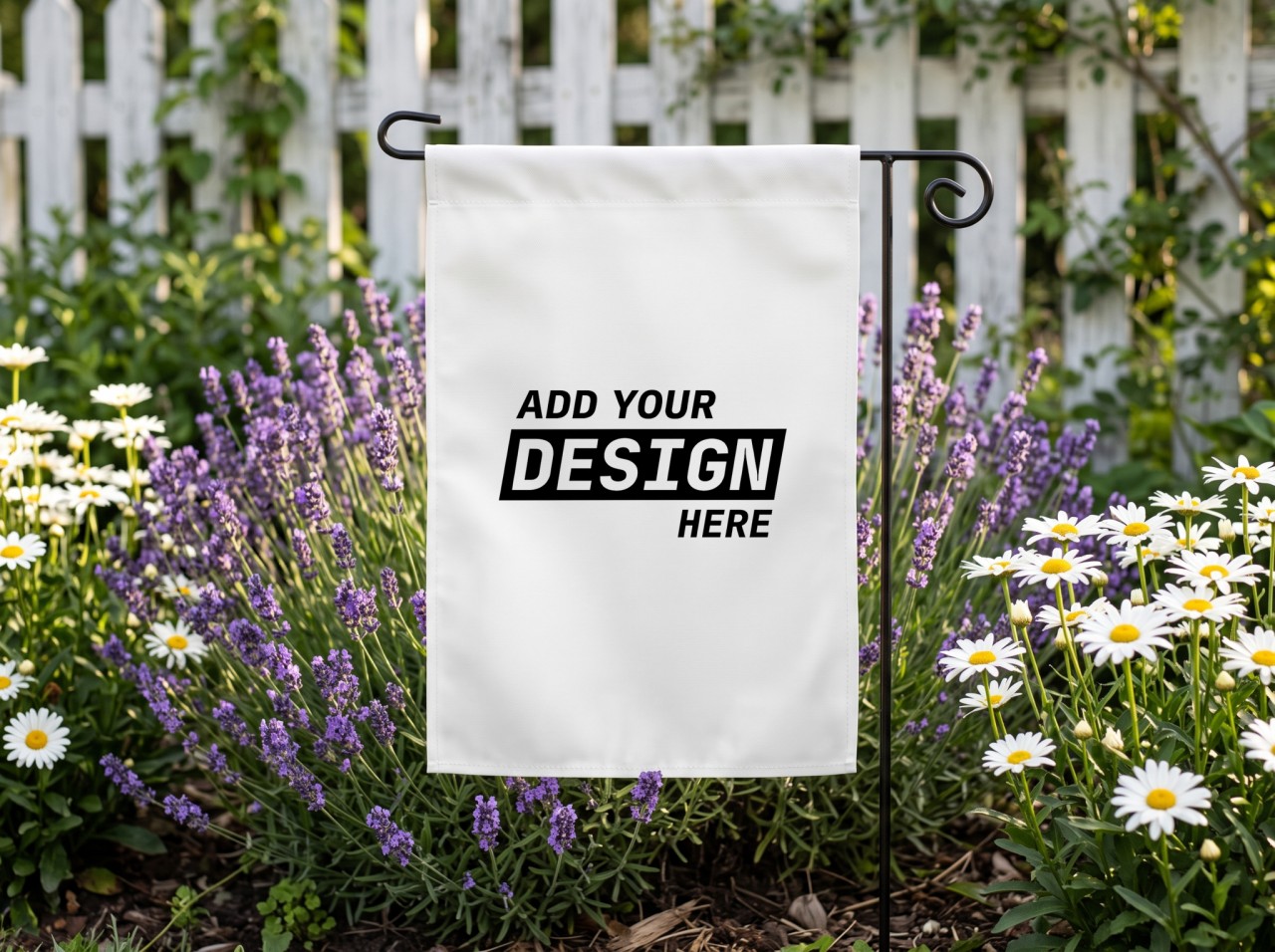 White Garden Flag Mockup in a Lavender and Daisy Bed