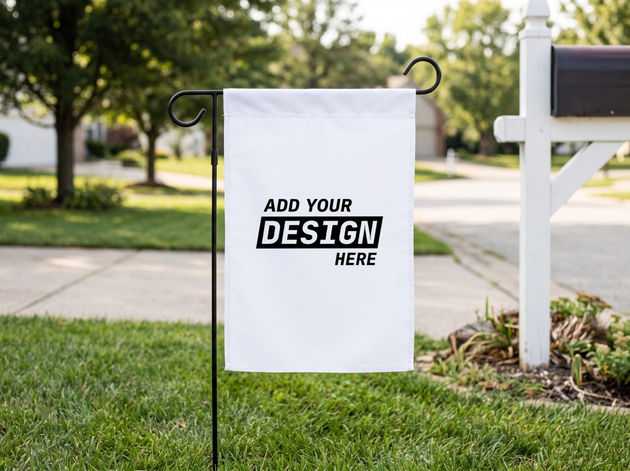 White Garden Flag Mockup on a Lawn by a Mailbox
