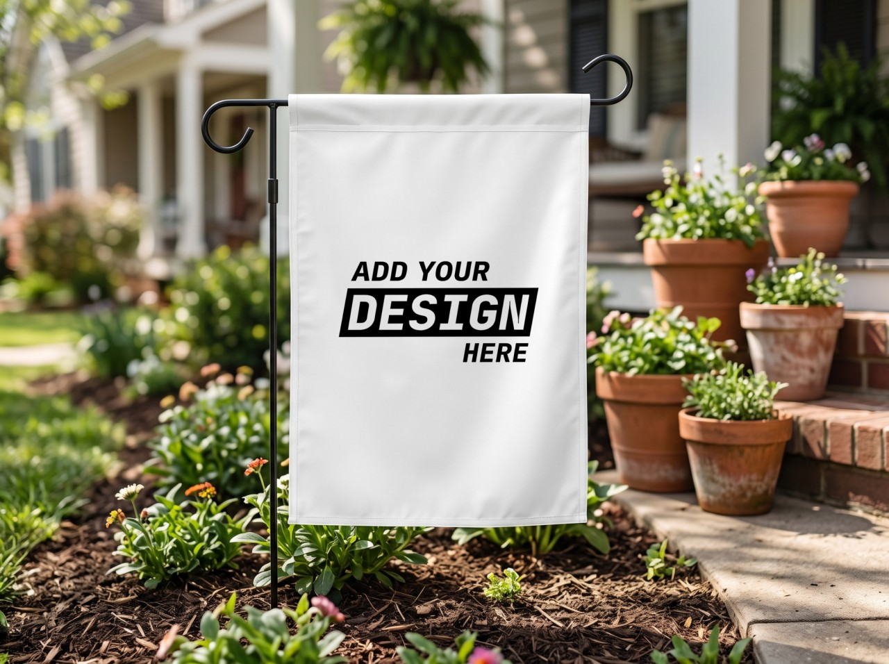 White Garden Flag Mockup by the Porch with Terracotta Pots