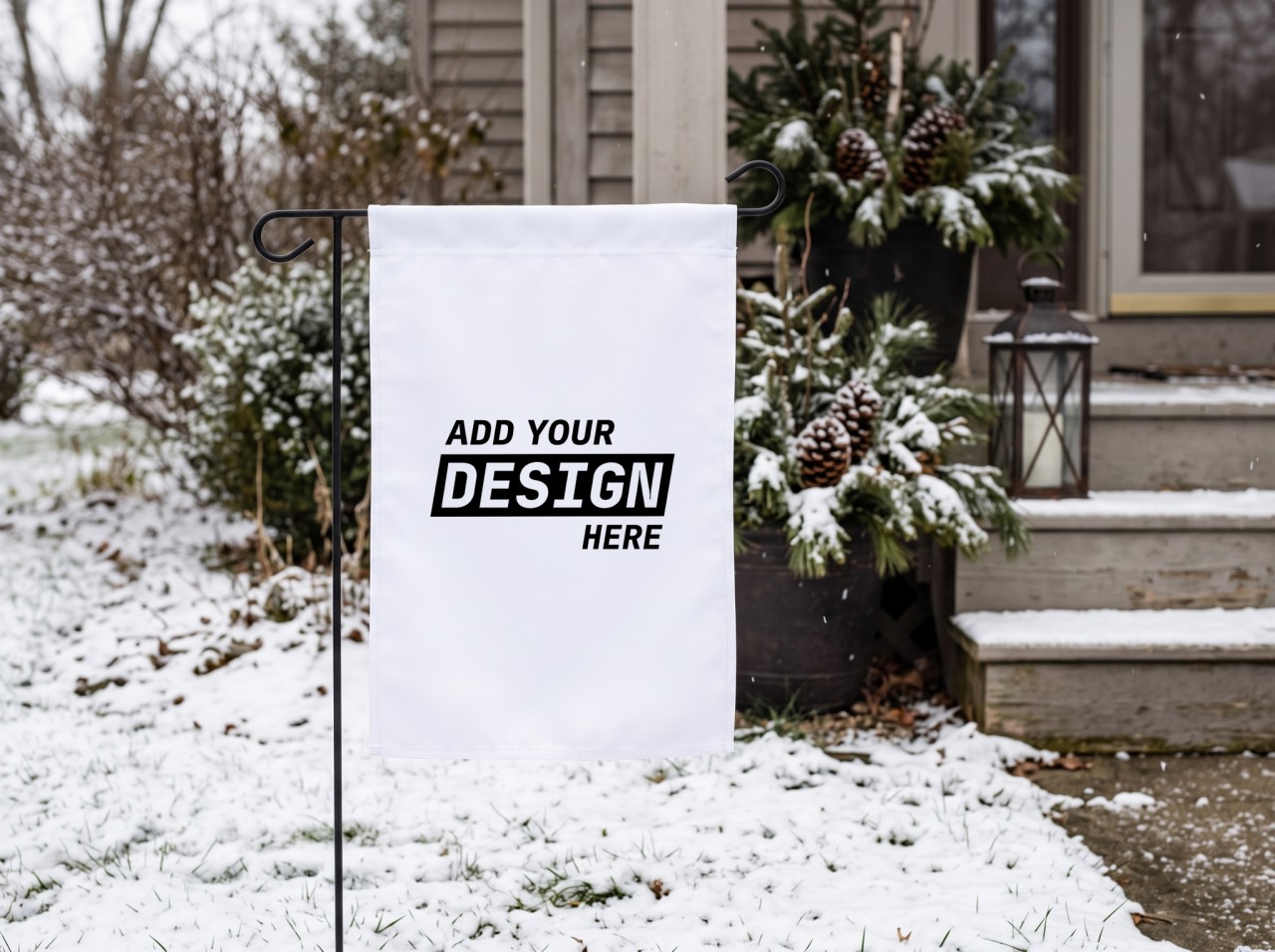 White Garden Flag Mockup in the Snow by a Winter Porch