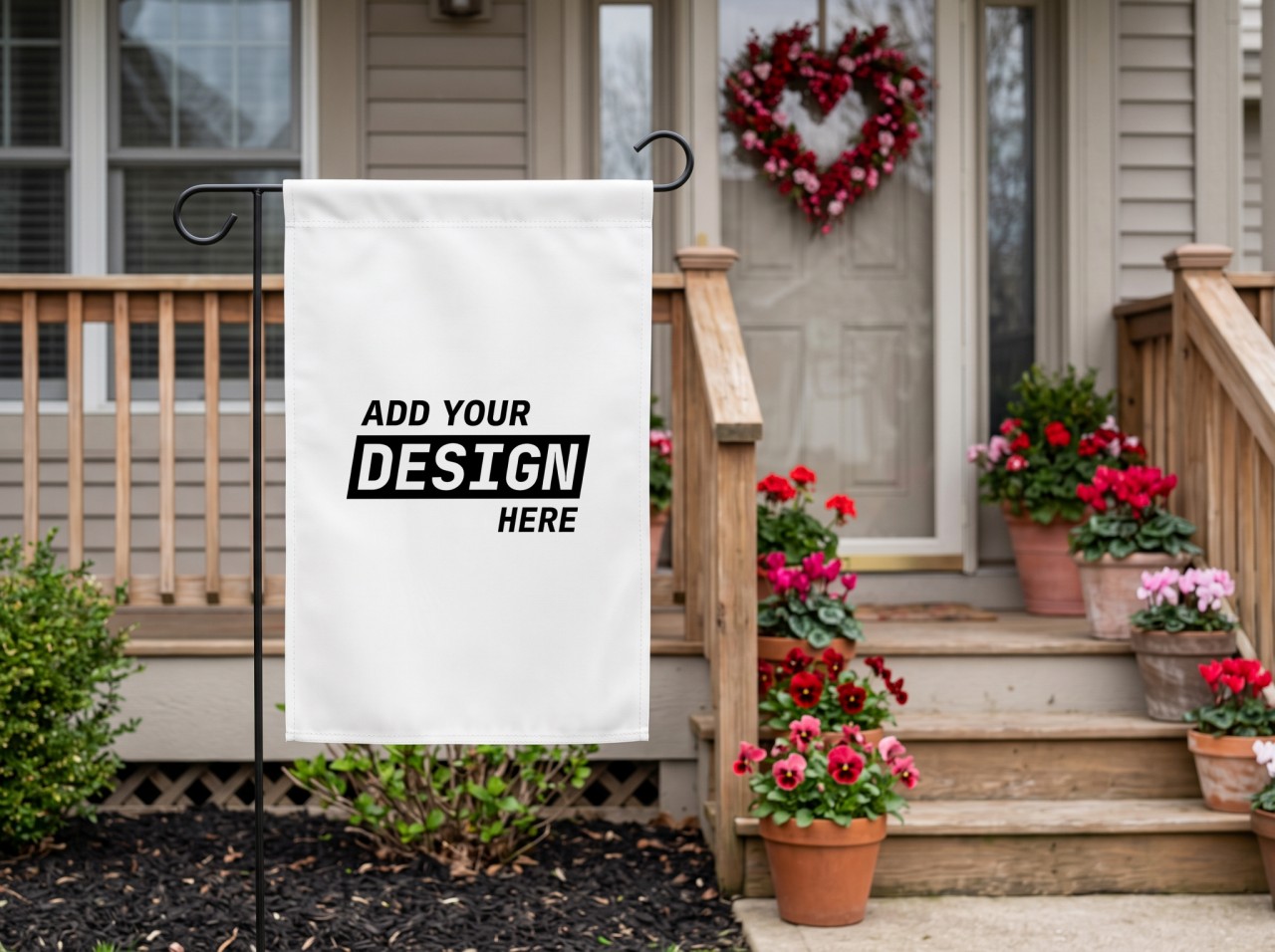 White Garden Flag Mockup on a Valentine's Day Porch