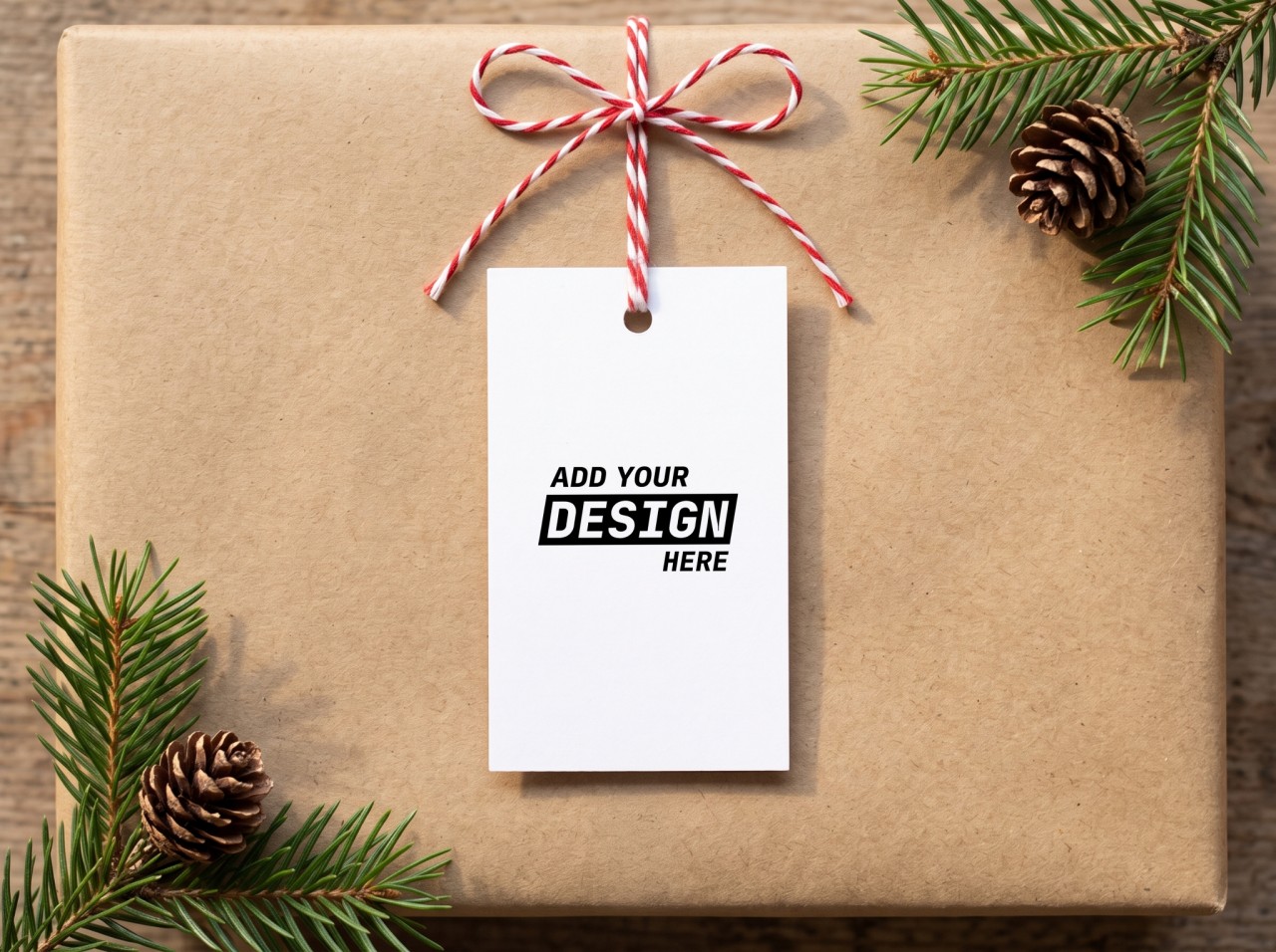 Christmas Gift Tag Mockup on a Kraft Present with Twine