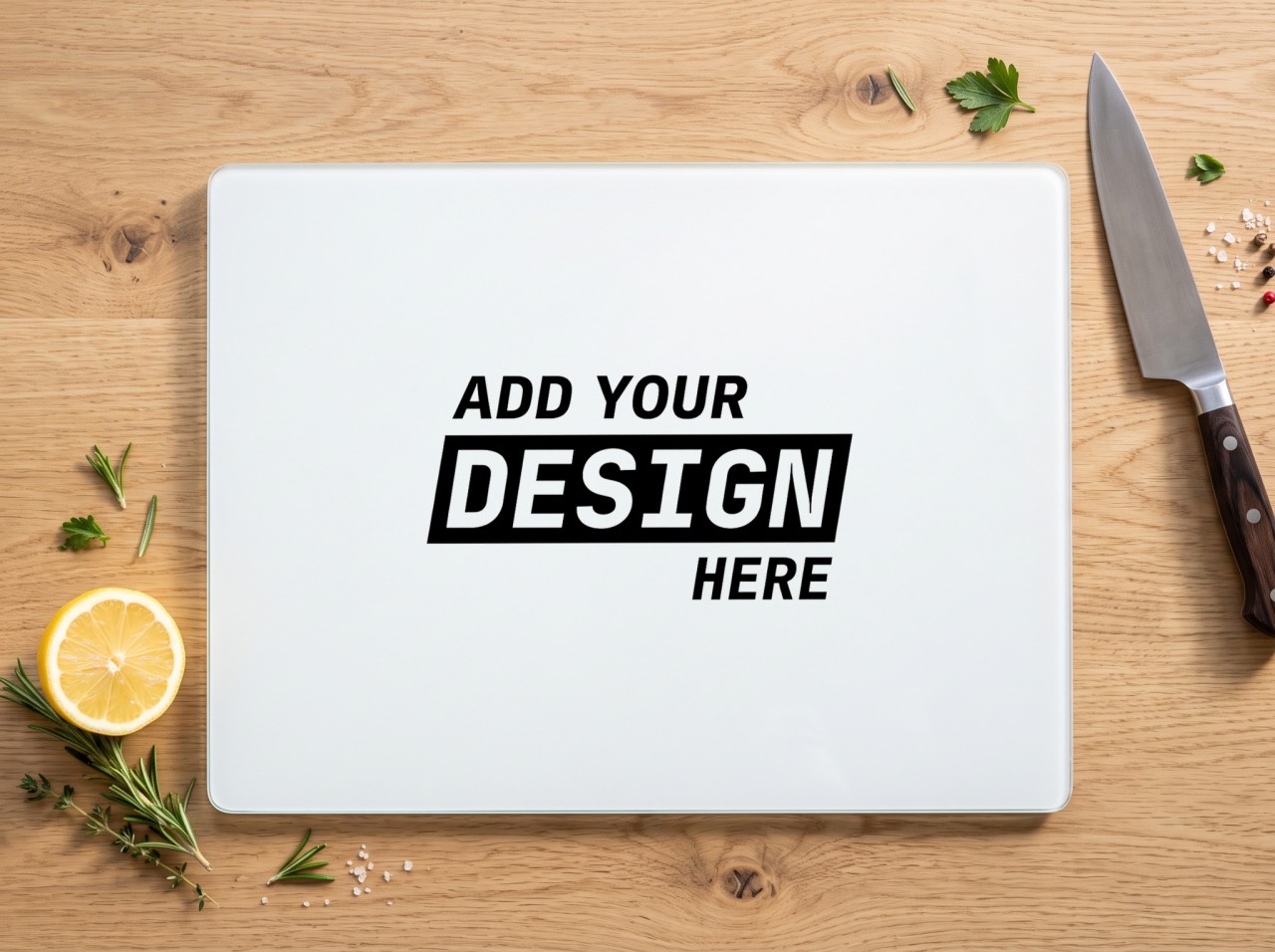 White Glass Cutting Board Mockup Flat Lay on an Oak Table