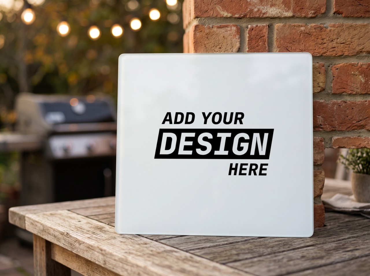 White Glass Cutting Board Mockup on a Patio Table