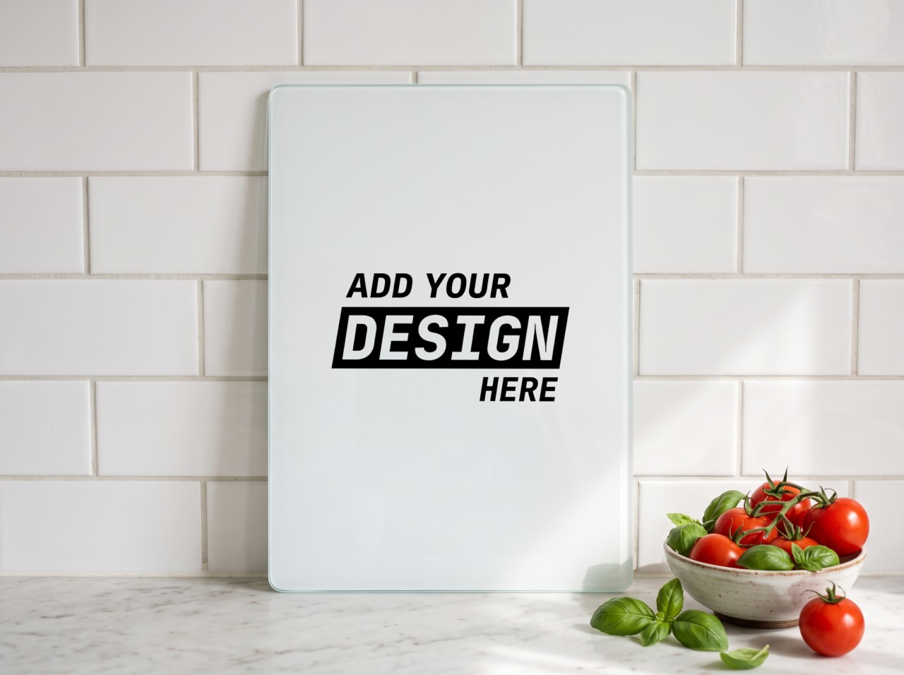 White Glass Cutting Board Mockup Against a Tile Backsplash