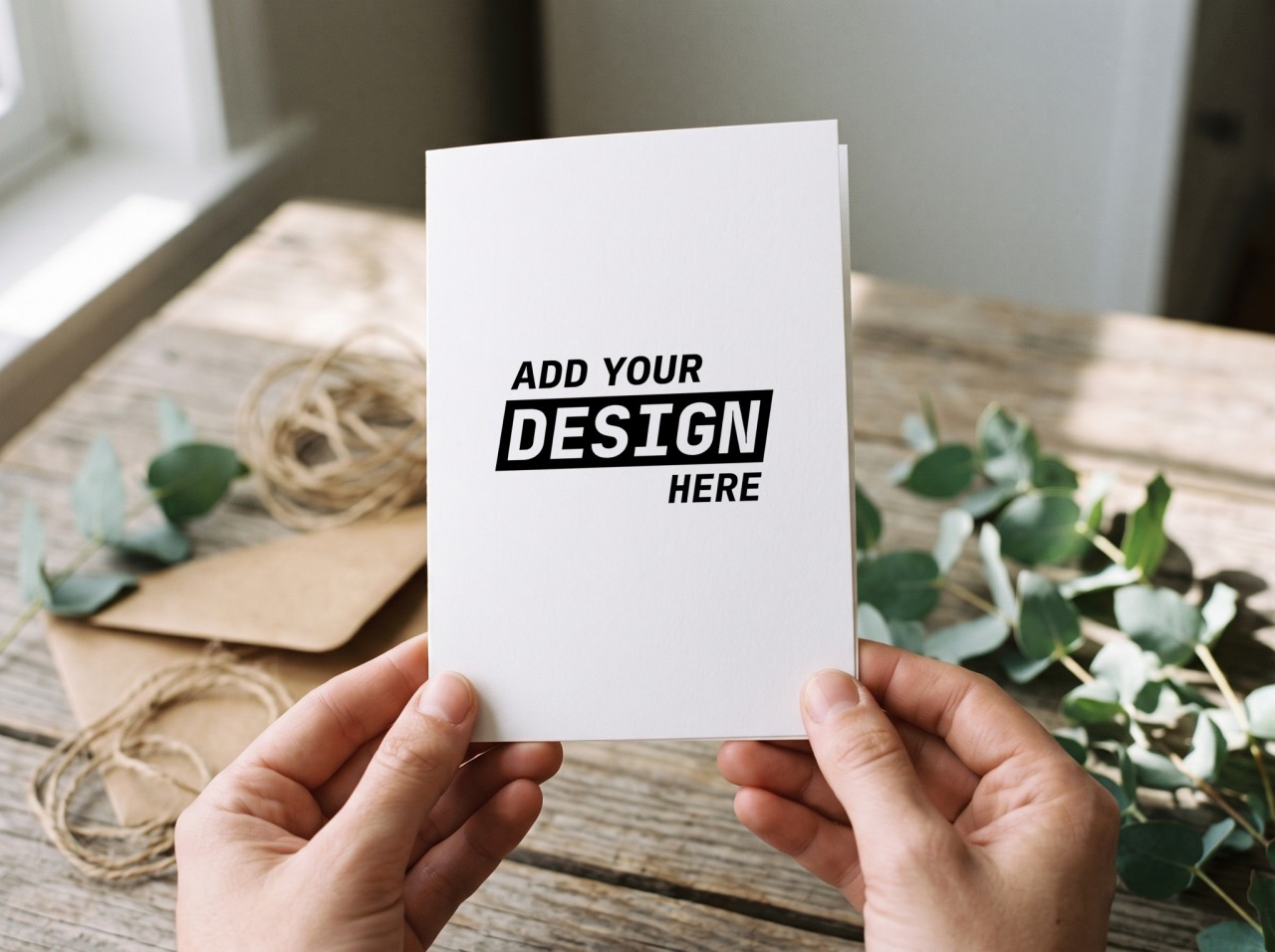 White Greeting Card Mockup Held in Two Hands above a Rustic Table