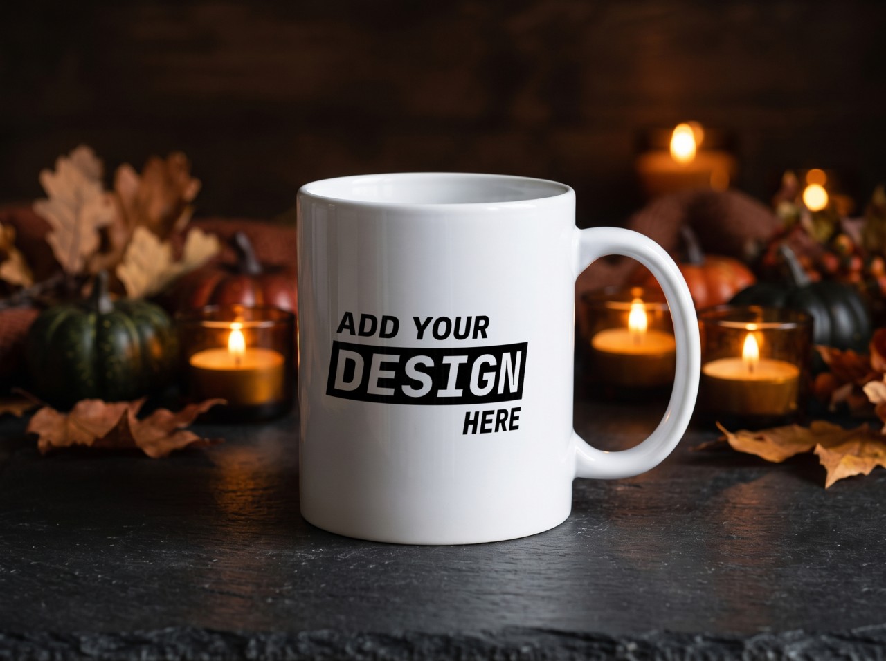 White Halloween Mug Mockup with Candles on Dark Slate