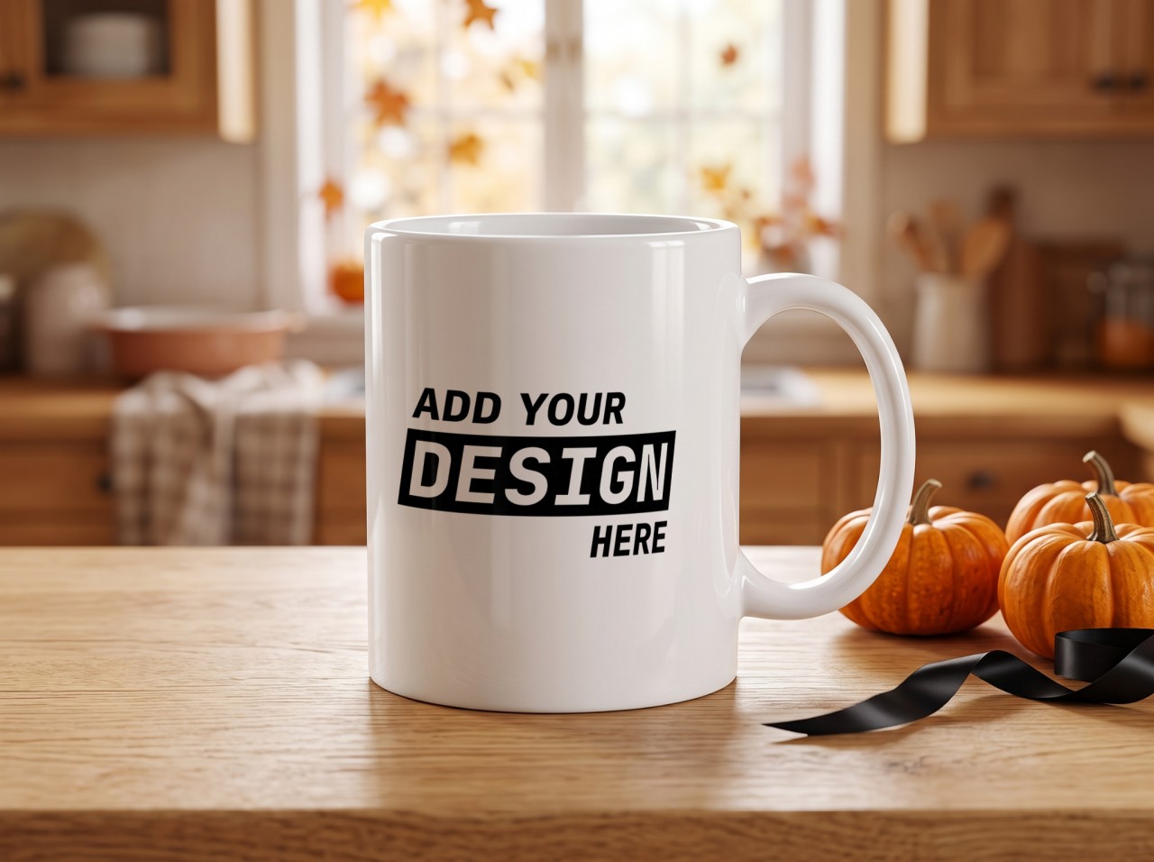 White Halloween Mug Mockup with Mini Pumpkins in an Autumn Kitchen