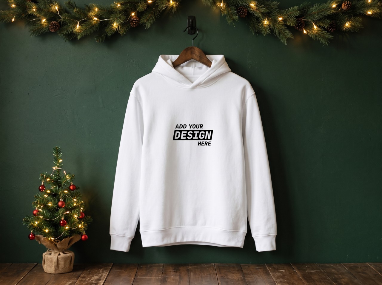 White Hoodie Christmas Mockup on a Hanger with a Green Wall and Garland