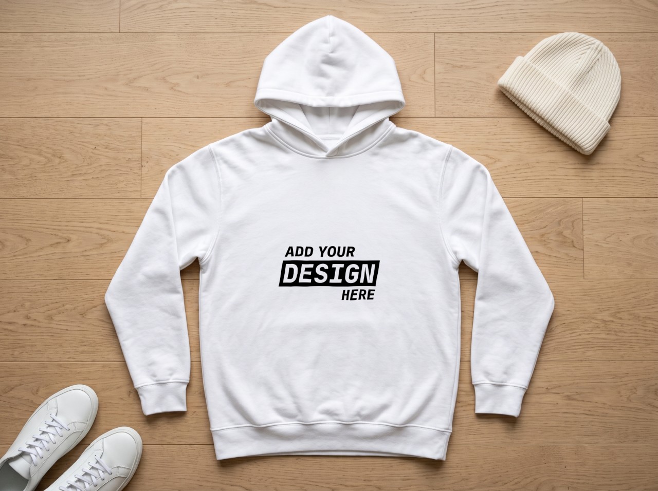 White Hoodie Flat Lay Mockup on an Oak Floor