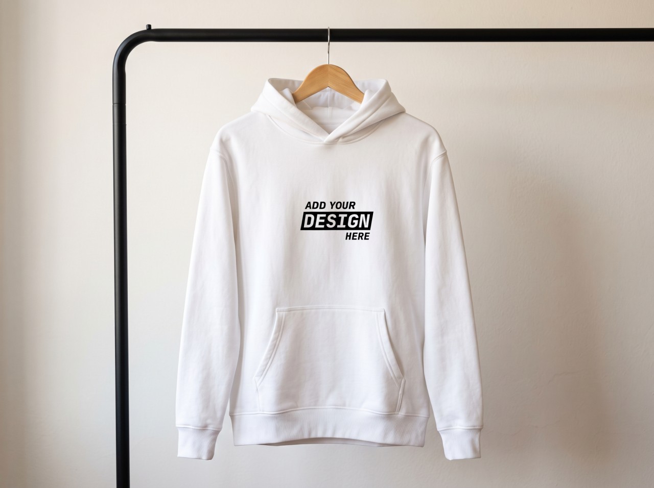 White Hoodie on a Hanger Mockup on a Clothing Rail
