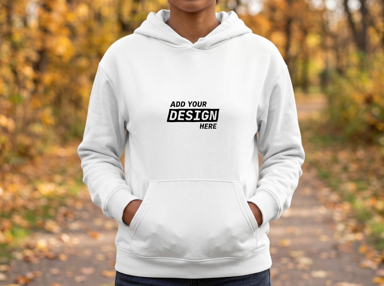 White Hoodie Mockup on a Woman in an Autumn Park