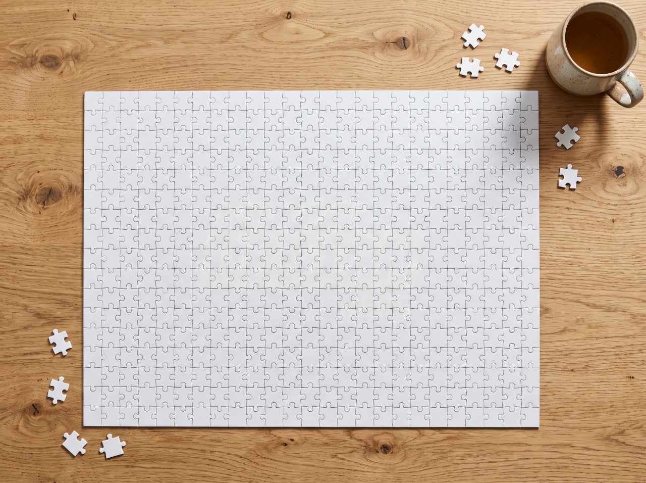 Jigsaw Puzzle Mockup on an Oak Table with Tea