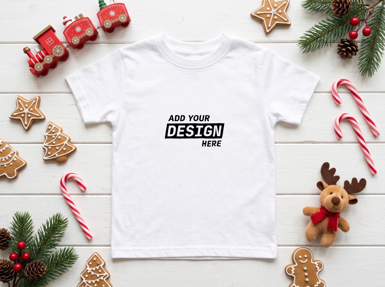 White Kids T-Shirt Christmas Mockup Flat Lay with a Toy Train and Gingerbread