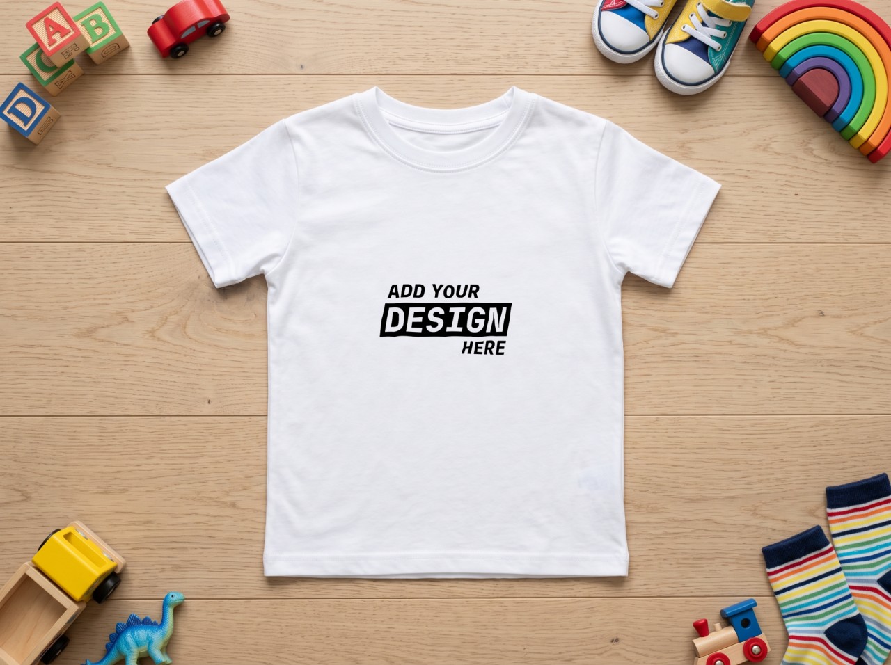 White Kids T-Shirt Flat Lay Mockup with Wooden Toys
