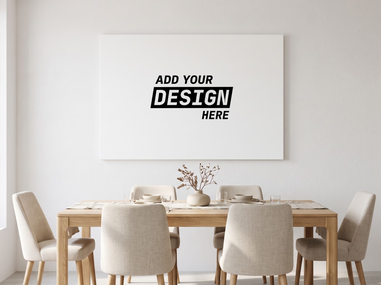 White Landscape Canvas Mockup above an Oak Dining Table