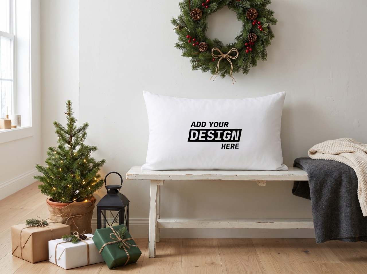 White Lumbar Pillow Christmas Mockup on a Bench under a Wreath