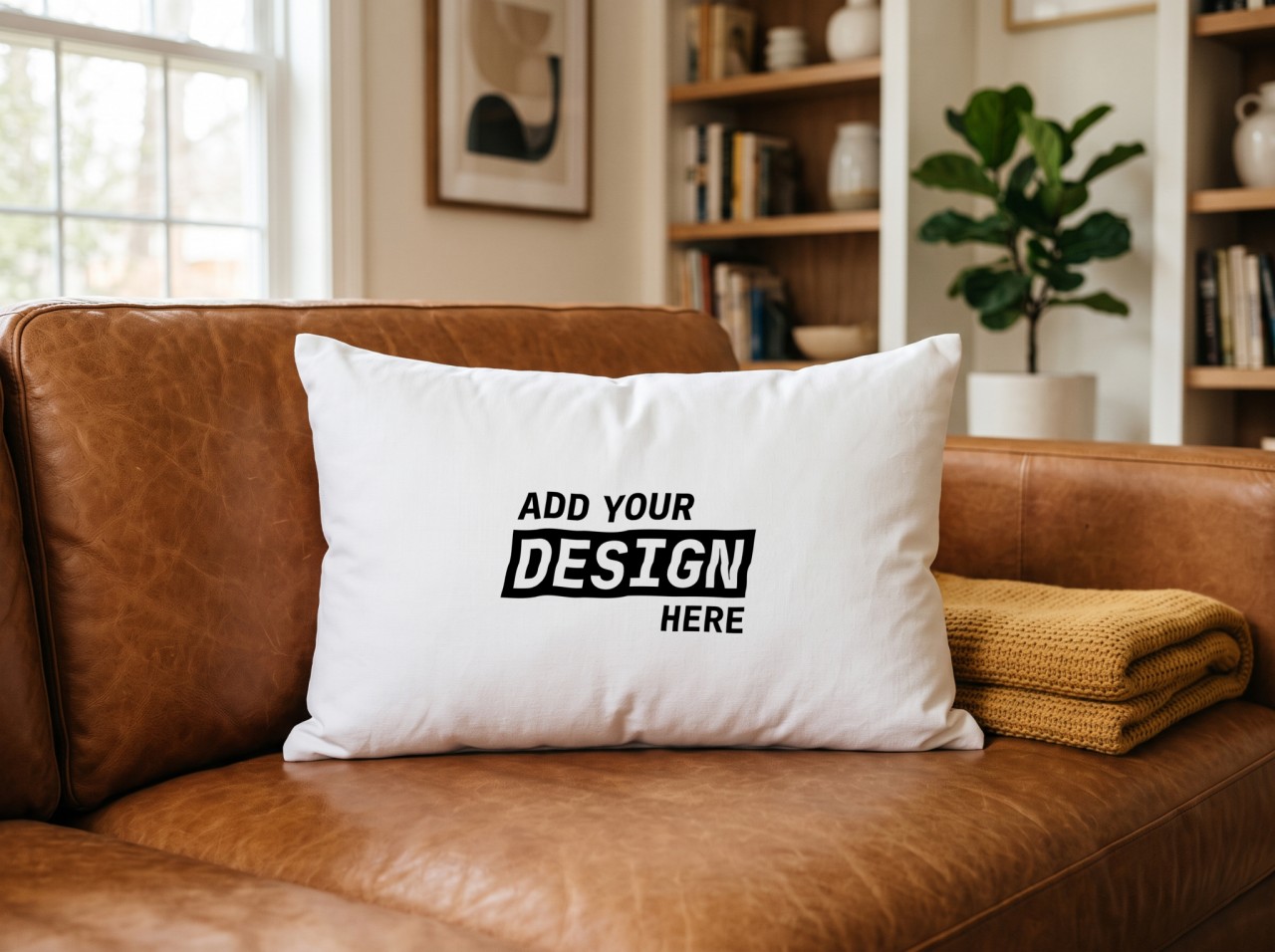White Lumbar Pillow Mockup on a Cognac Leather Sofa