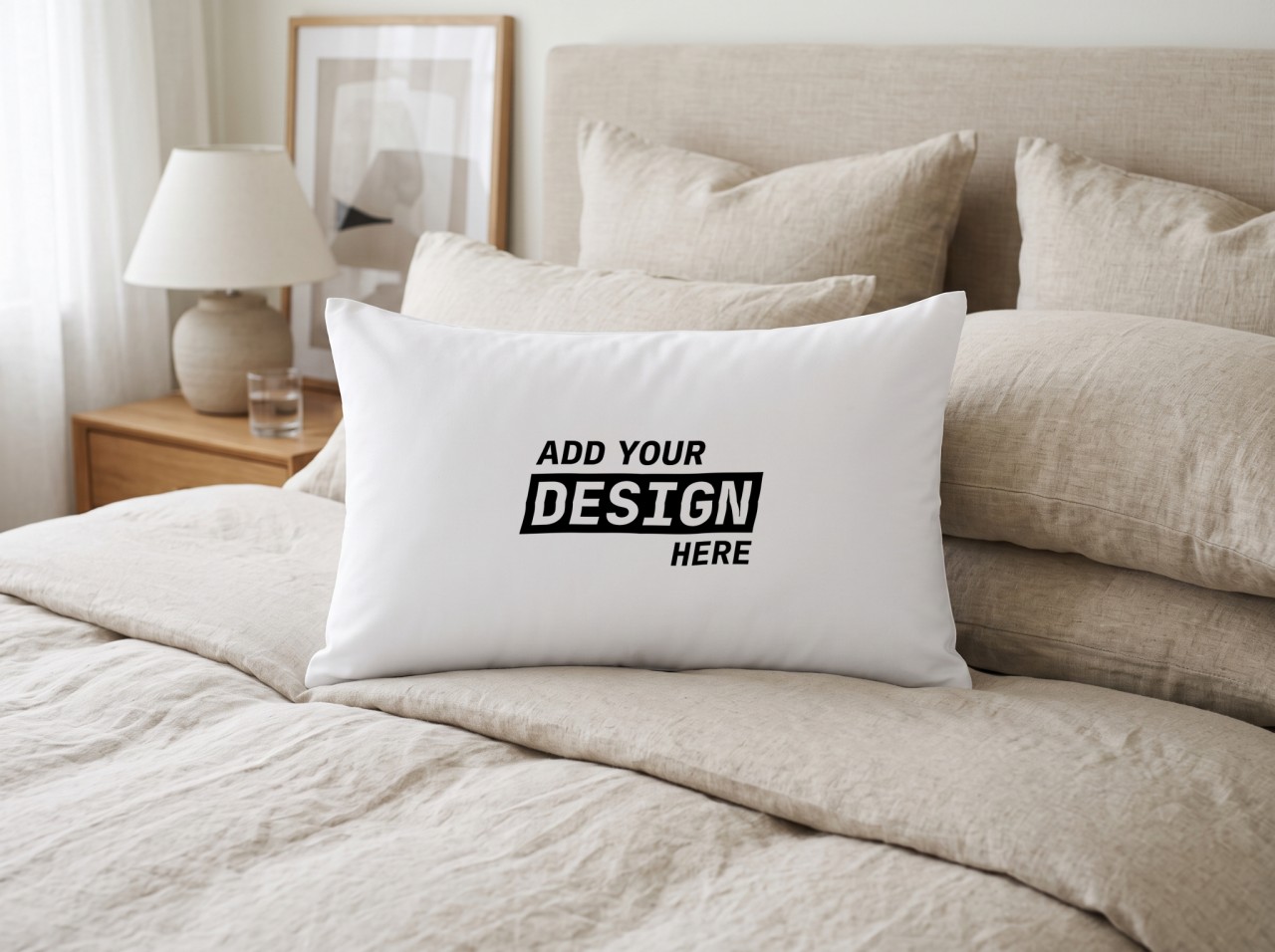 White Lumbar Pillow Mockup on a Linen Bed
