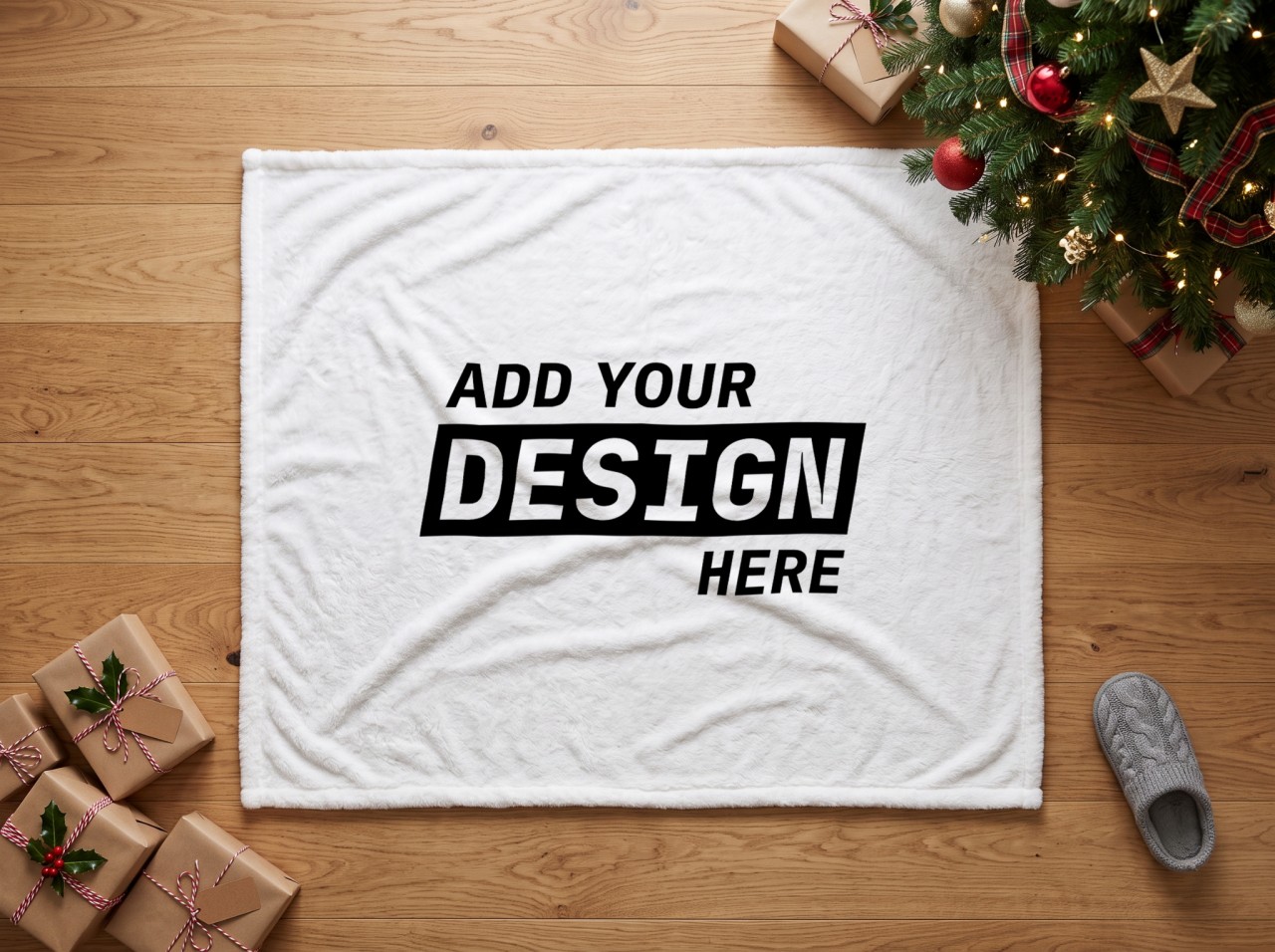 White Minky Blanket Mockup Under a Christmas Tree