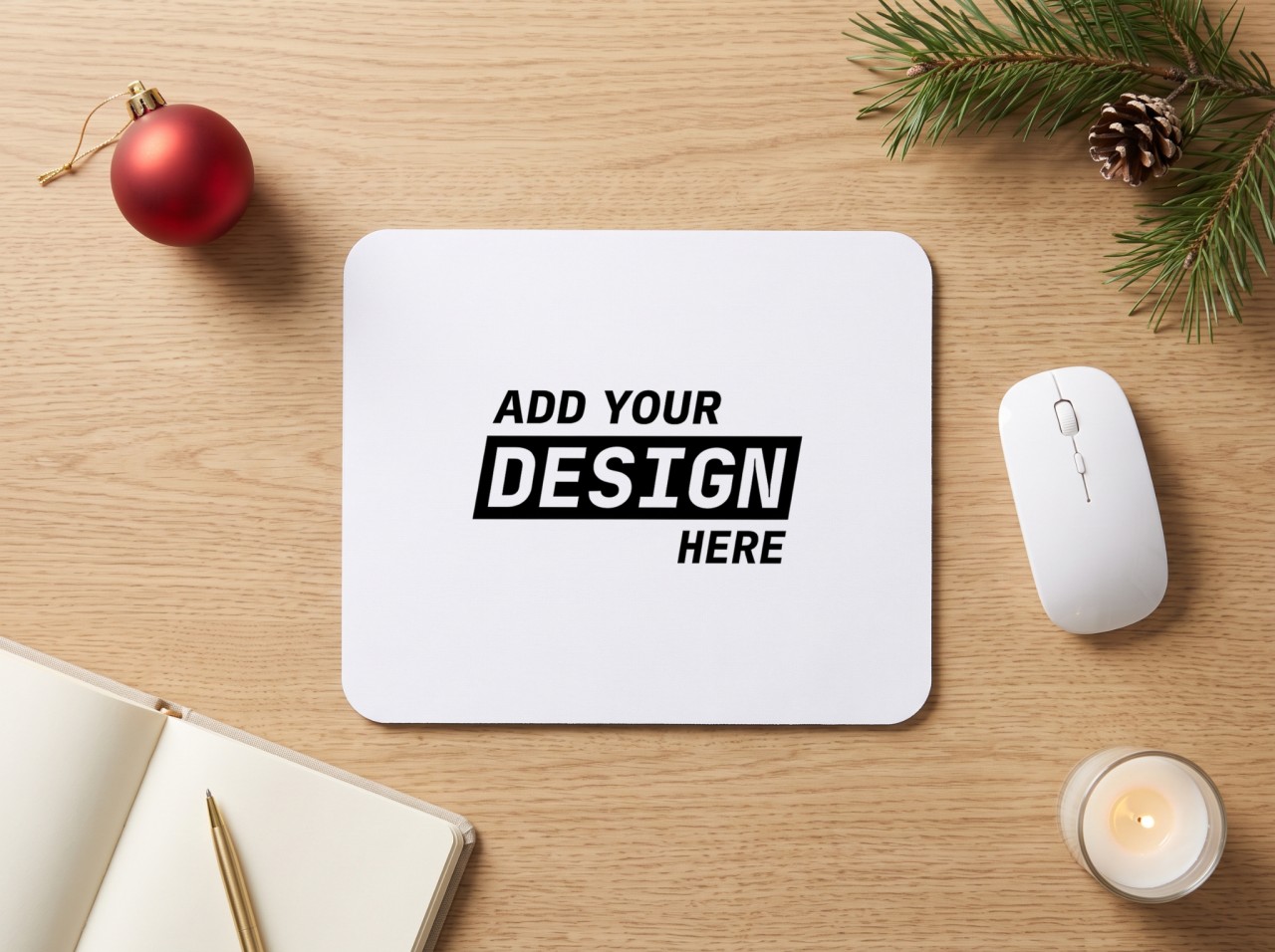 White Mouse Pad Christmas Mockup on an Oak Desk with a Red Bauble
