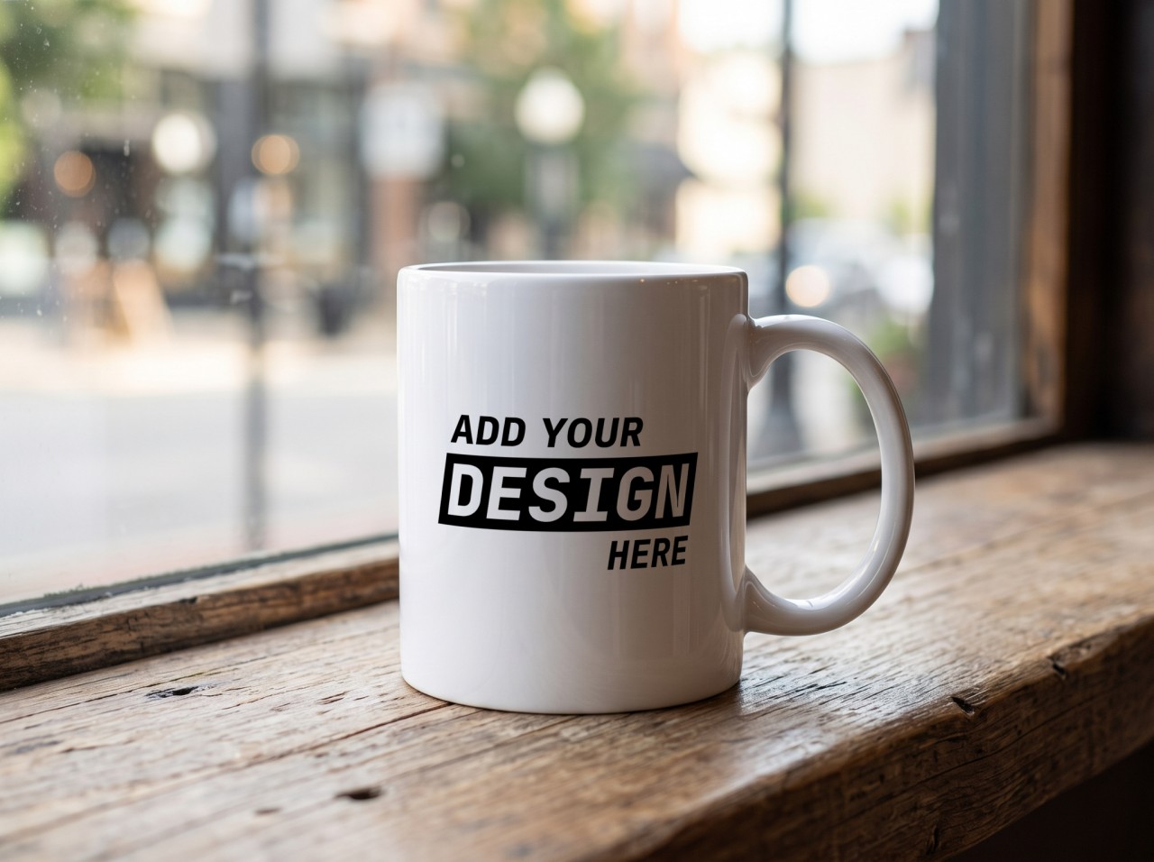 White Mug Mockup on a Cafe Window Ledge